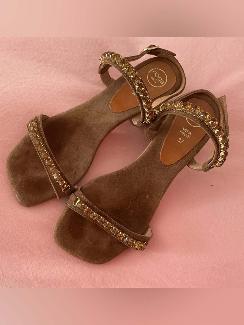 leather suede brown sandals with crystal stones size 7
